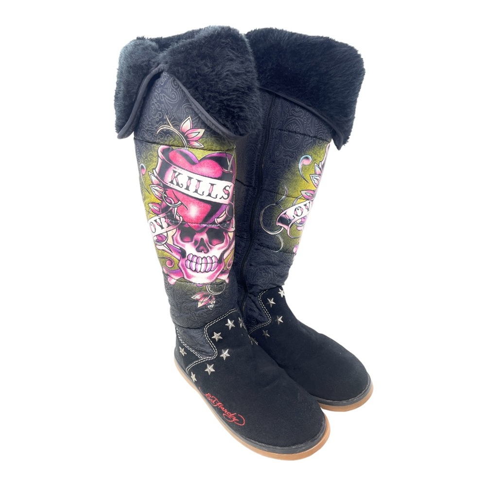 Vintage Ed Hardy Fur-Lined Zip Up Boots. Women’s Size 8 Black with Graphics